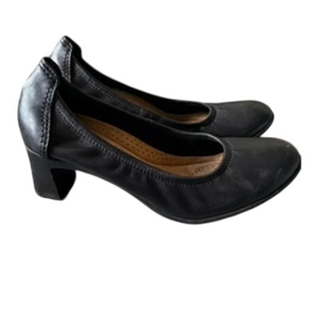 Clarks Collection Womens Black Leather Comfort Pumps Size 7 Medium Block Heel